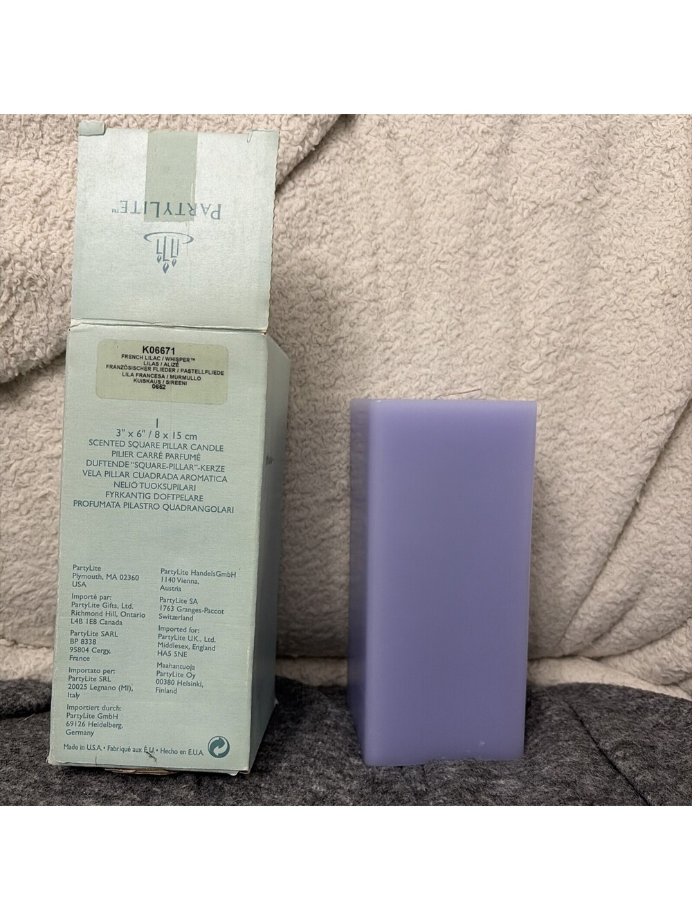 Party Lite French Lilac 3”x6” Scented Square Pillar Candle